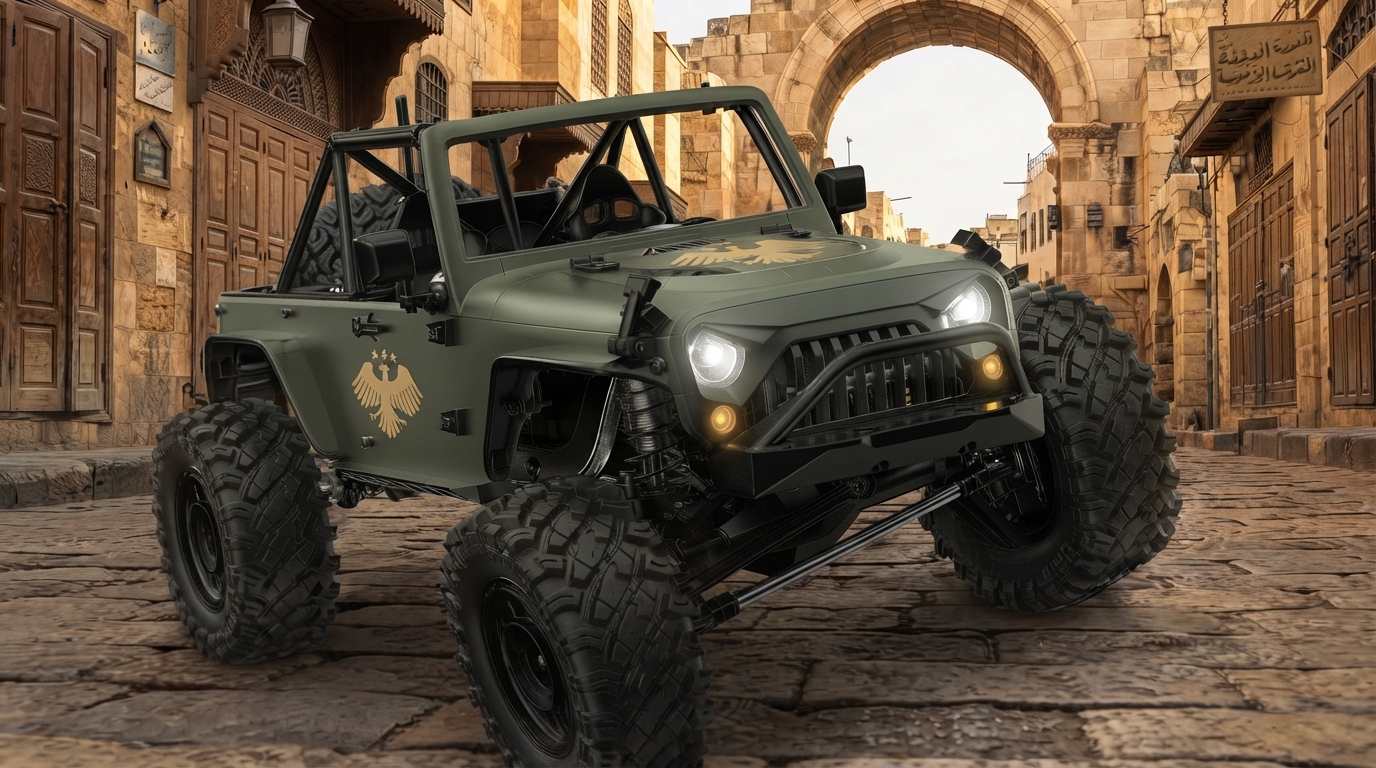 Customized green RC Jeep in a Damascus courtyard